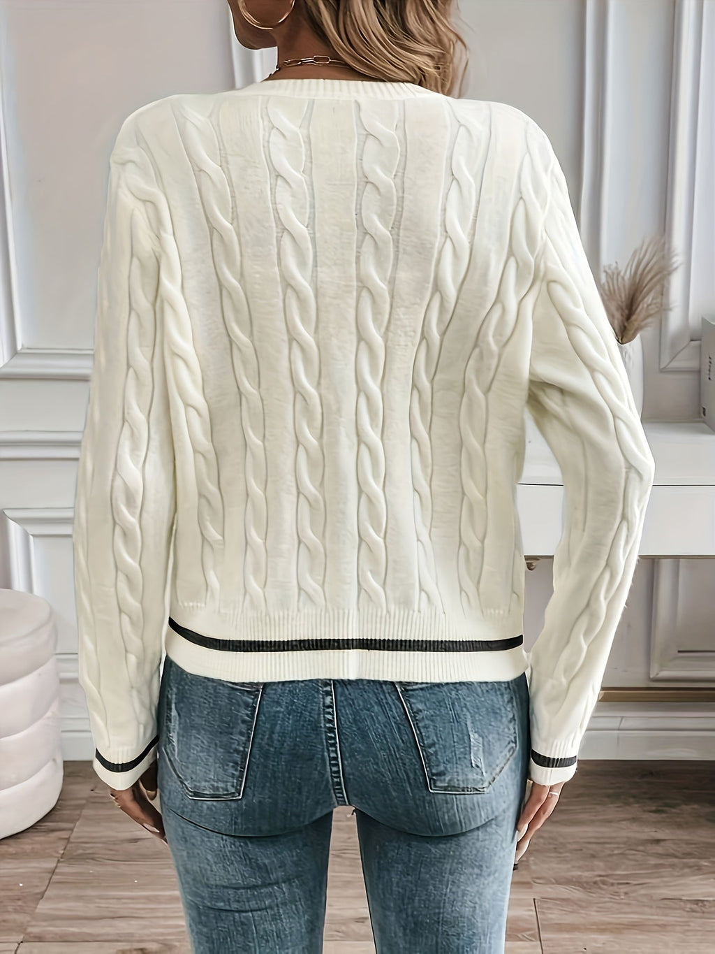 Women's Cable Knit Button-Up Cardigan with Polished Buttons