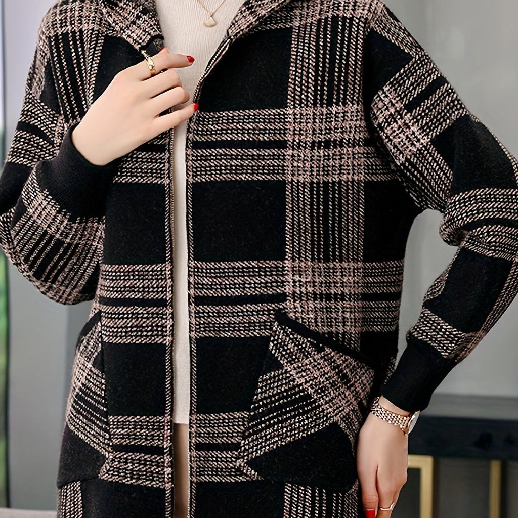 Women's Hooded Zip-Up Checked Loose Fit Coat