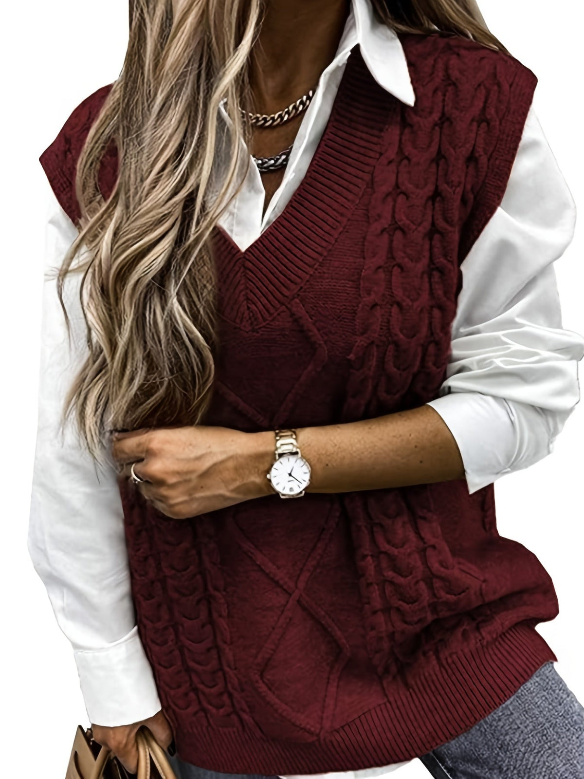 Women's V-Neck Cable Knit Sleeveless Sweater Vest