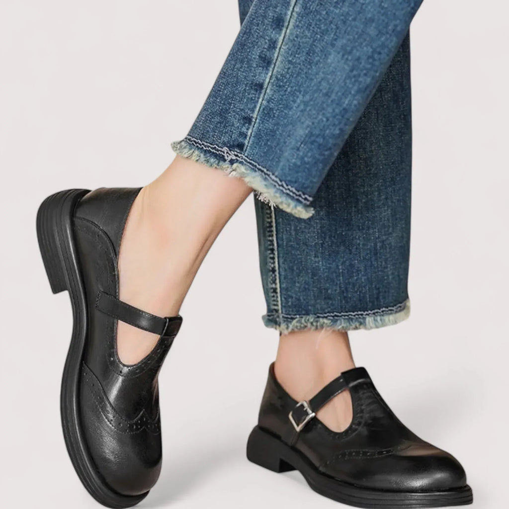 Women's Brogue Detail Adjustable Buckle T-Bar Shoes