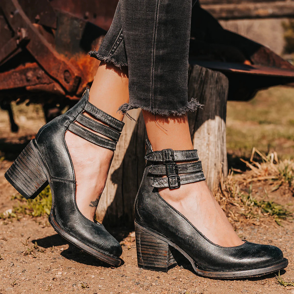 Women's Ankle Strap Block Heel Leather-Look Boots