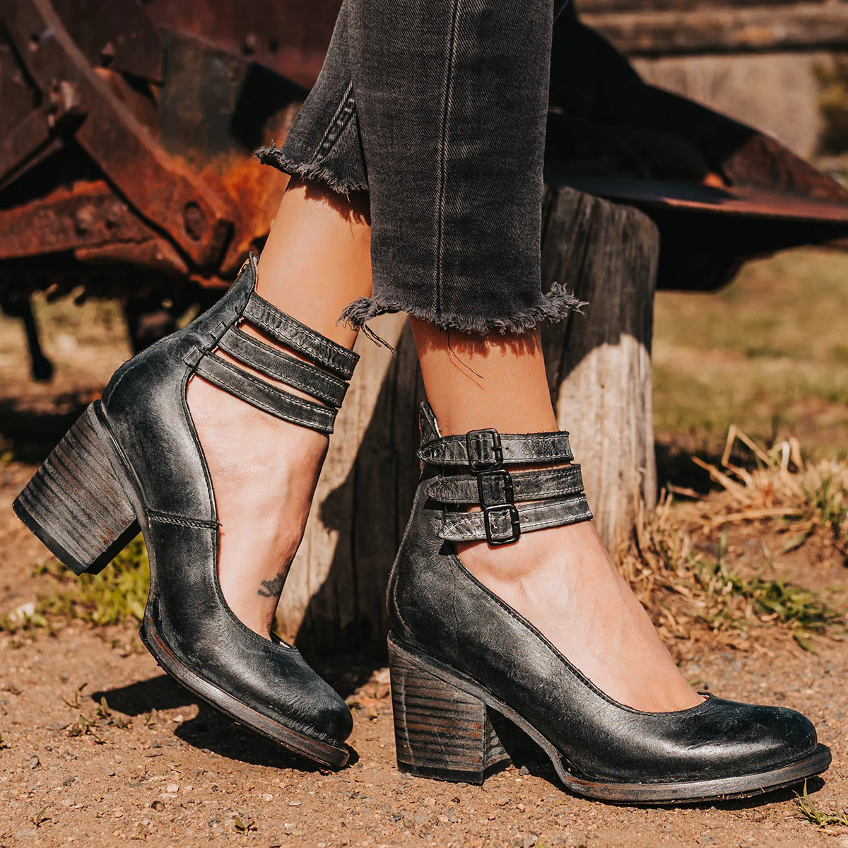 Women's Ankle Strap Block Heel Leather-Look Boots