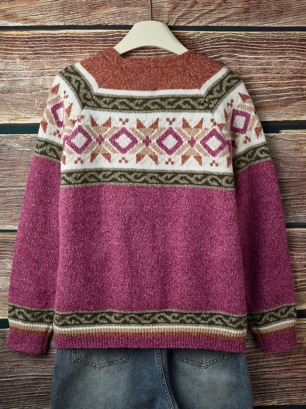 Women's Button-Up Cardigan with Patterned Geometric Yoke