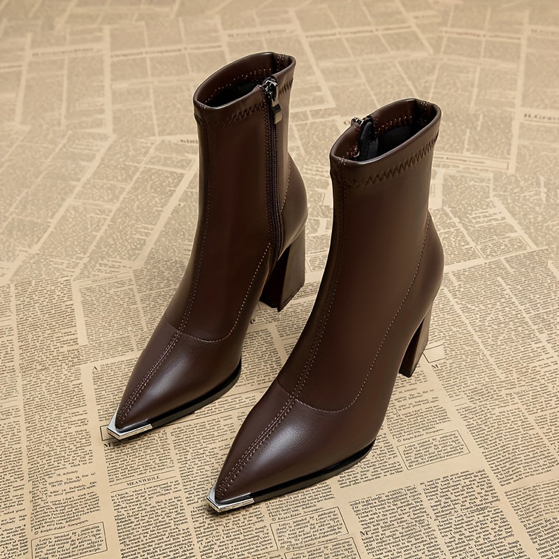 Women's Chunky Block Heel Pointed Toe Zip Booties