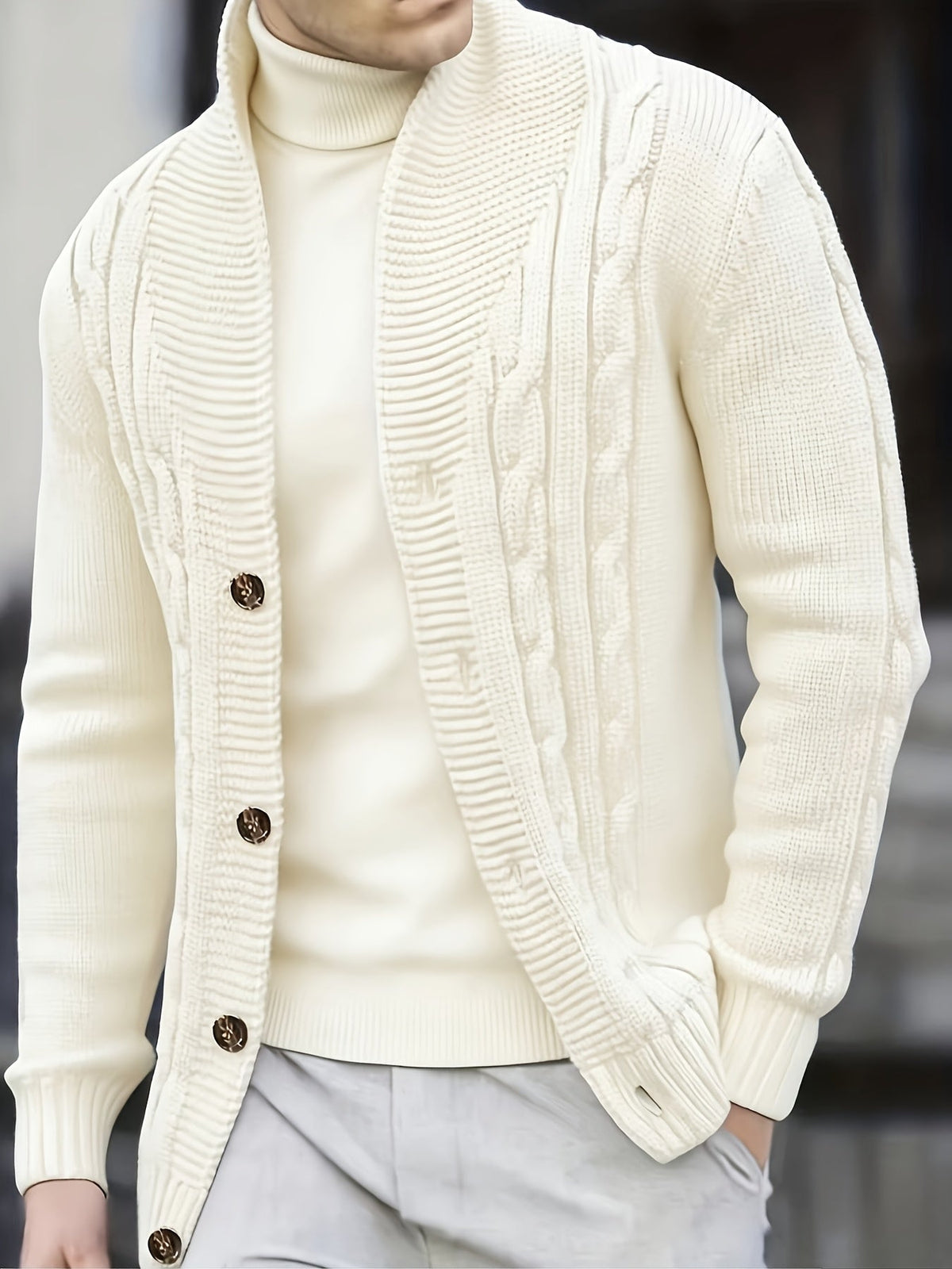 Men's Cable-Knit Shawl Collar Button-Front Sweater Cardigan