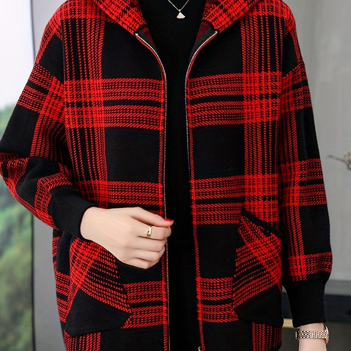 Women's Hooded Zip-Up Checked Loose Fit Coat