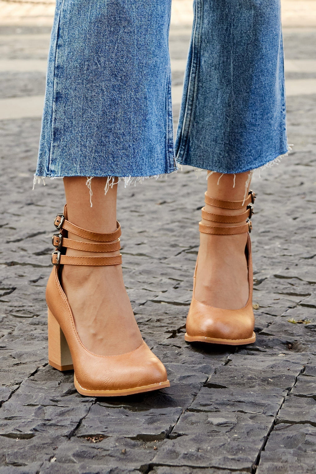 Women's Block Heel Booties with Three Buckle Straps