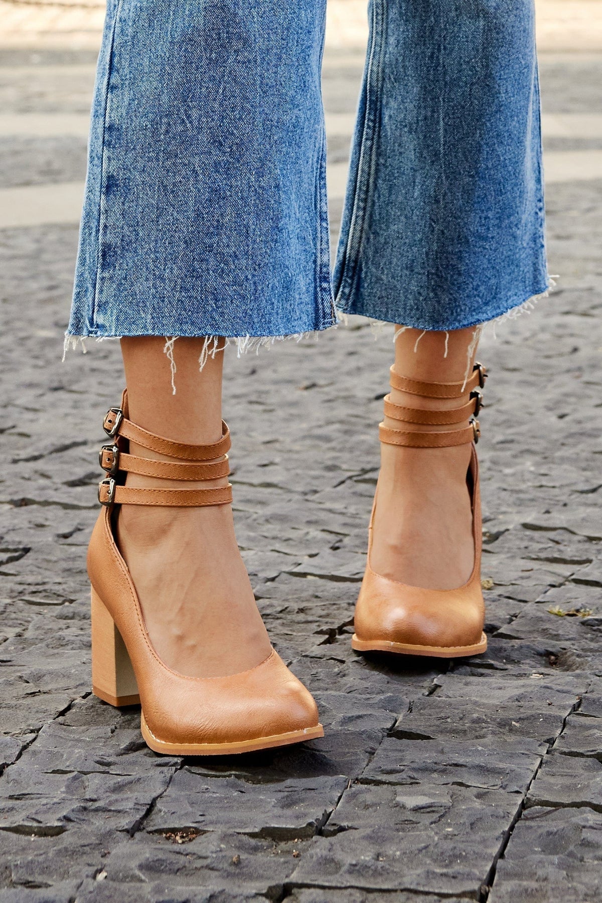 Women's Block Heel Booties with Three Buckle Straps