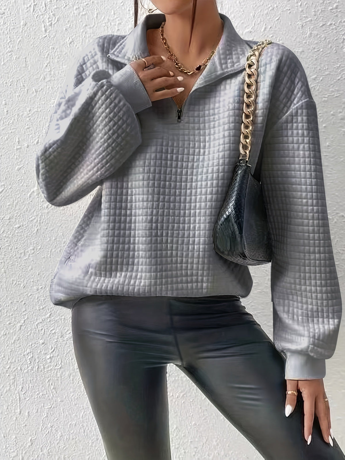 Women's Stand-Neck Textured Knit Sweater with Half Zip