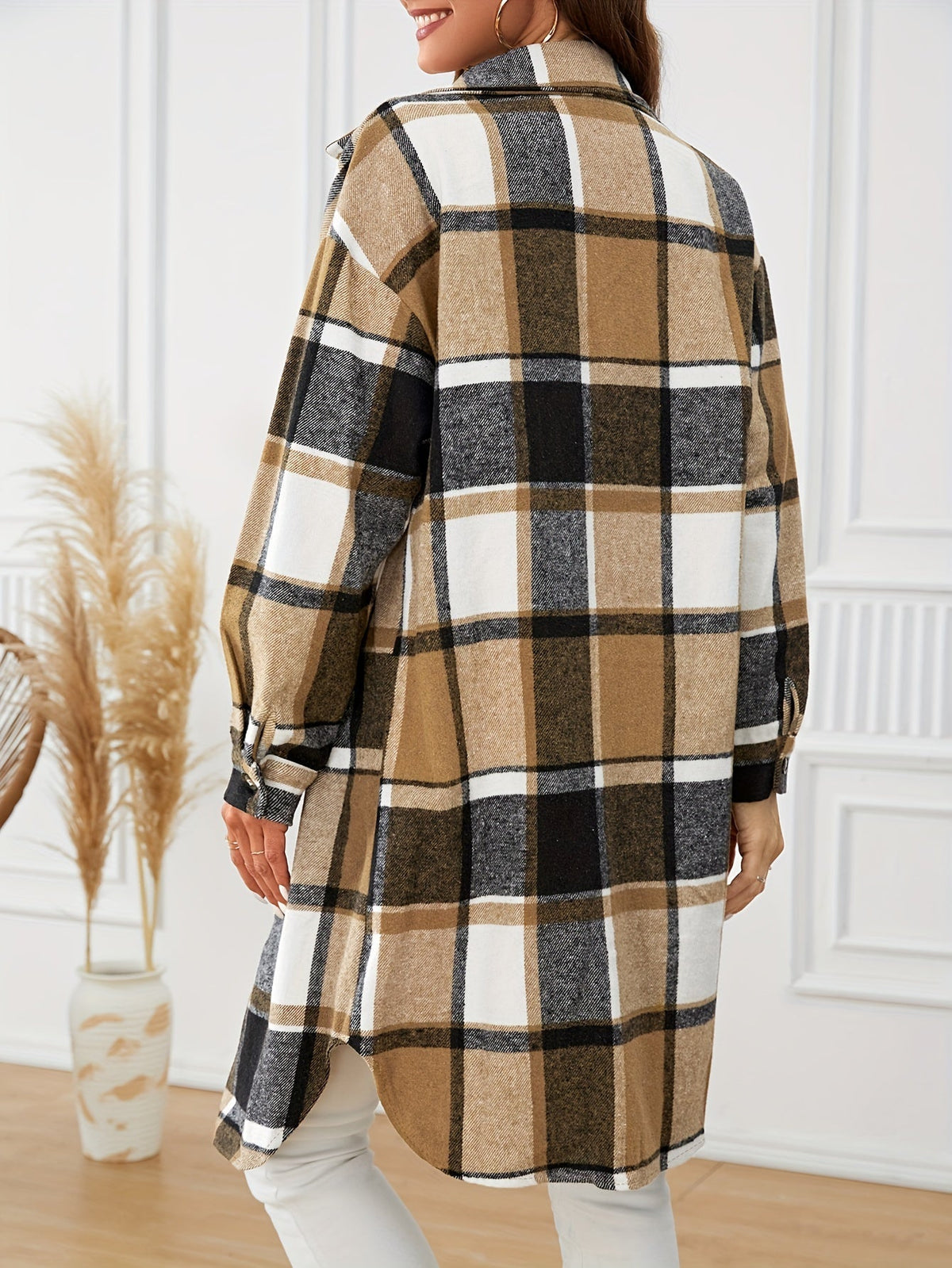 Women's Plaid Long Button-Up Coat with Chest Pockets