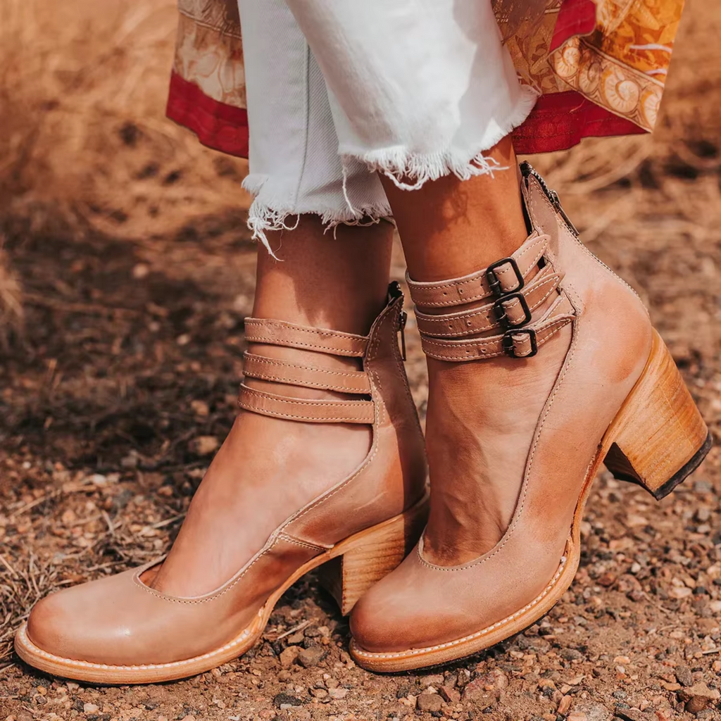 Women's Ankle Strap Block Heel Leather-Look Boots