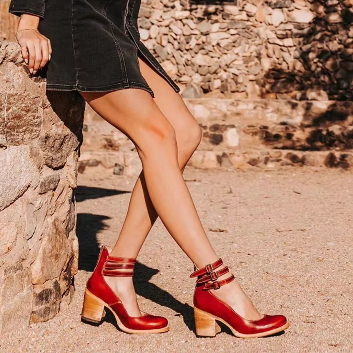 Women's Ankle Strap Block Heel Leather-Look Boots
