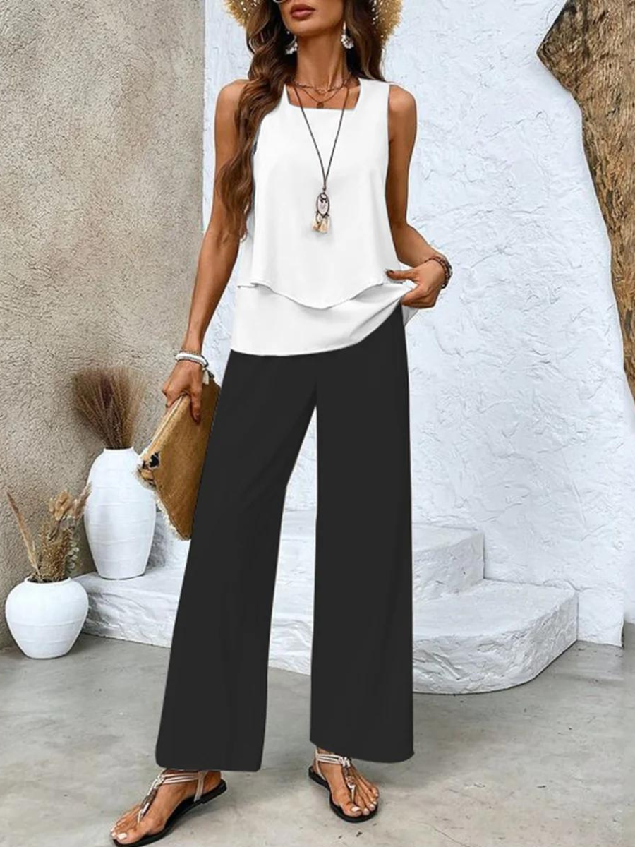 Women's Leaf Print Layered Sleeve Wide Leg Pants Set