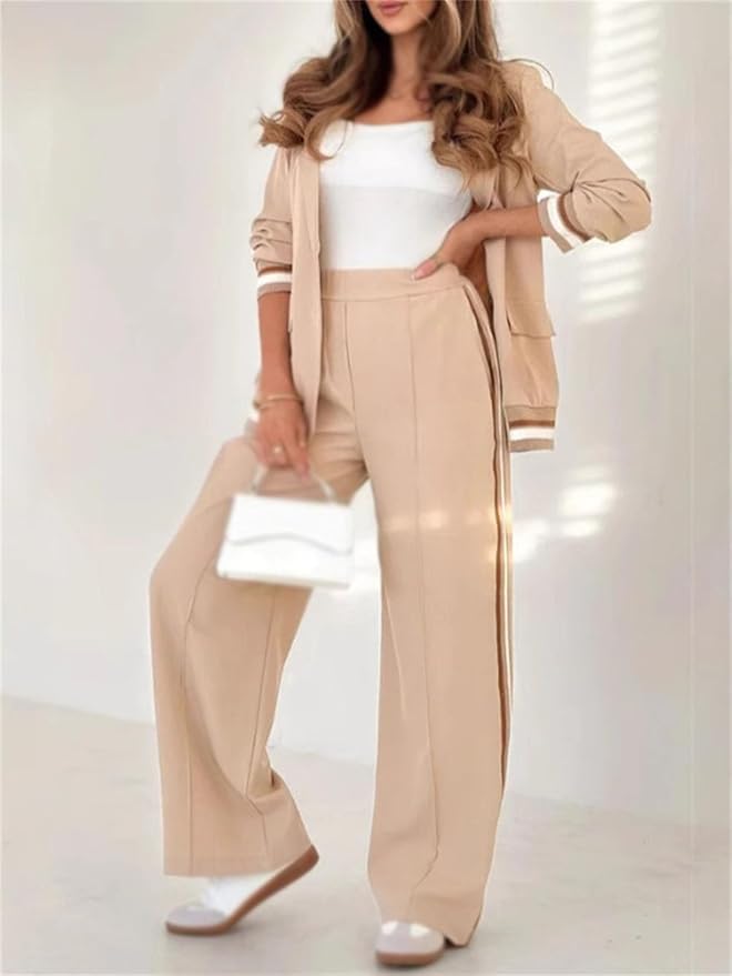 Women's Wide Leg Pants Stripe Trim Blazer Suit