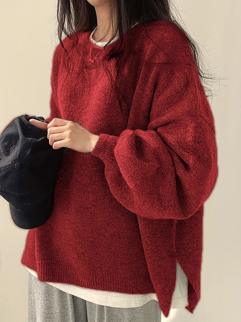 Women's Thick Knit Round Neck Drop-Shoulder Sweater