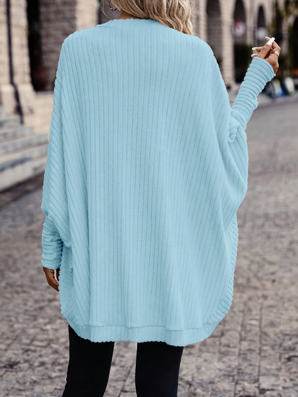 Women's Ribbed Draped Cardigan with Open Front