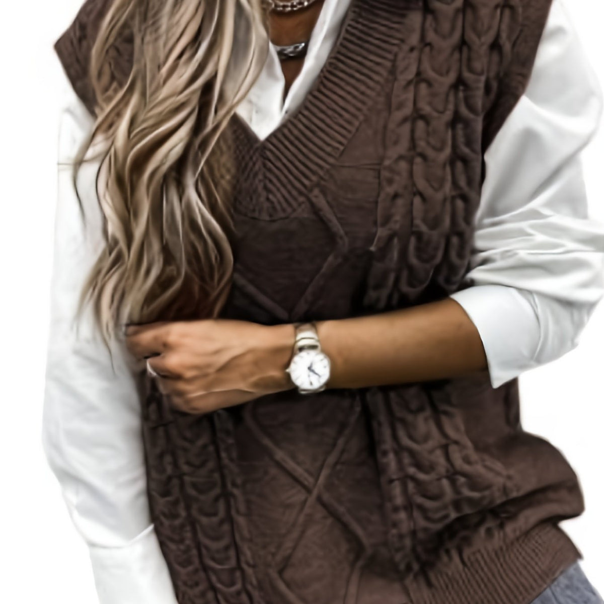 Women's V-Neck Cable Knit Sleeveless Sweater Vest