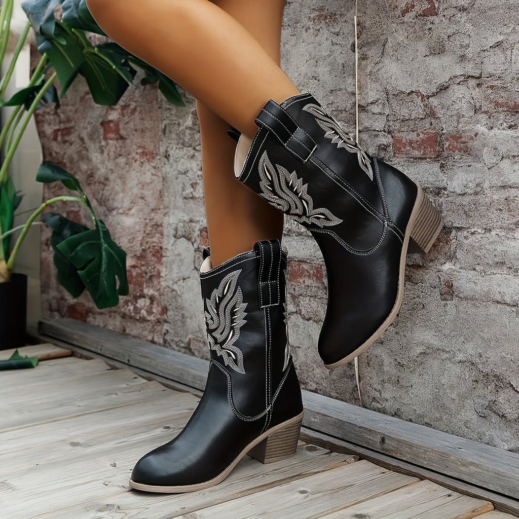 Women's Embroidered Mid-Calf Western Boots with Roomy Shaft