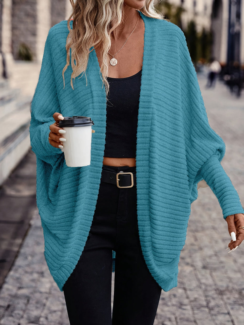Women's Ribbed Draped Cardigan with Open Front