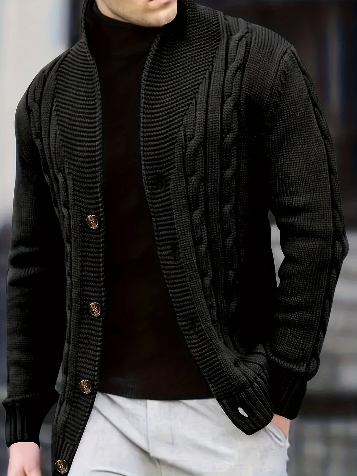 Men's Cable-Knit Shawl Collar Button-Front Sweater Cardigan