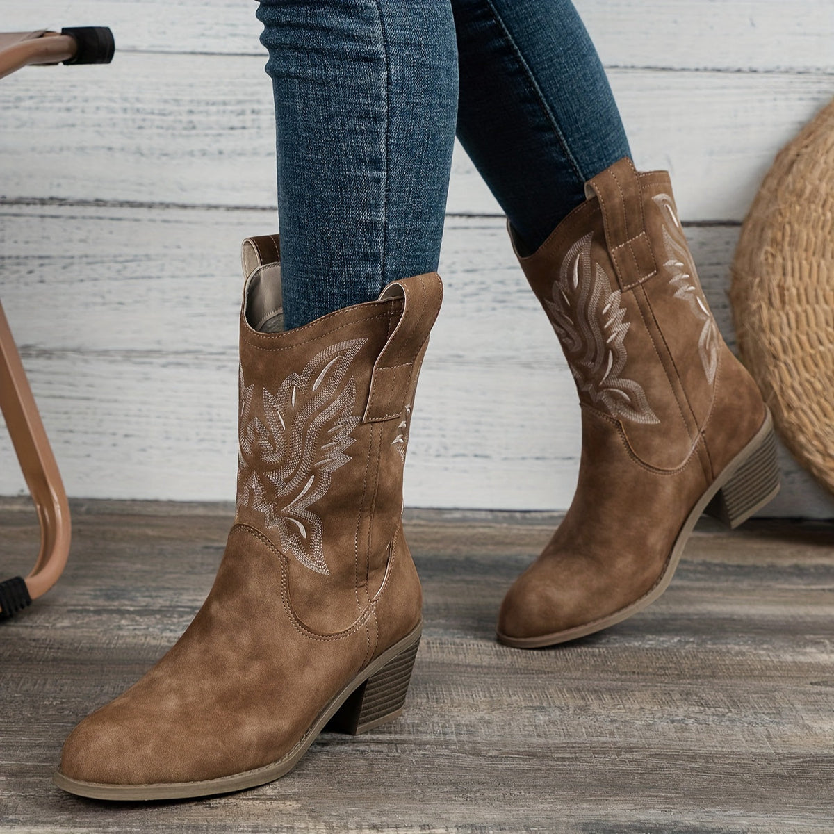 Women's Embroidered Mid-Calf Western Boots with Roomy Shaft