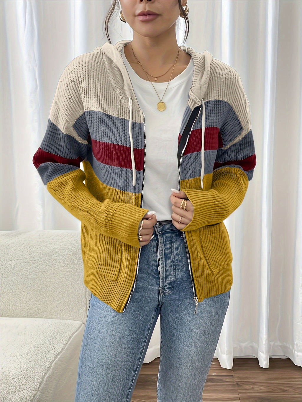 Women's Hooded Ribbed Knit Full-Zip Layering Cardigan