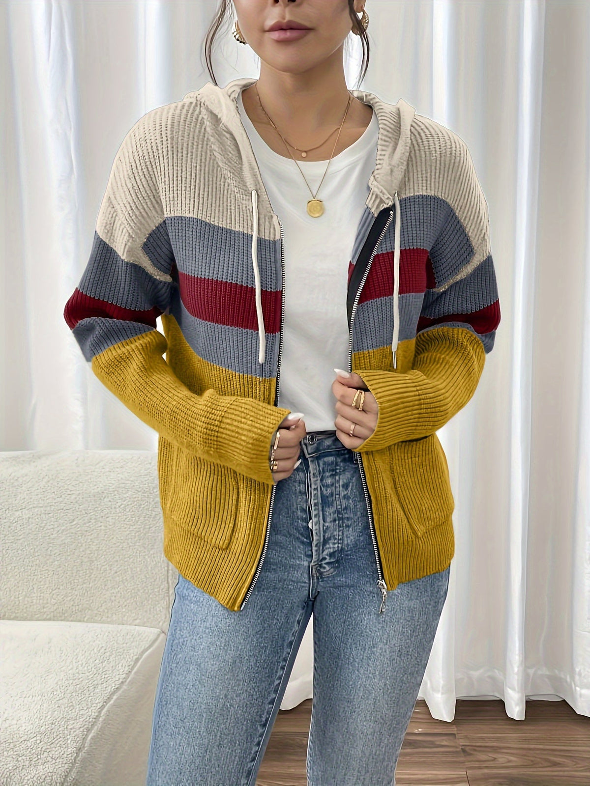 Women's Hooded Ribbed Knit Full-Zip Layering Cardigan