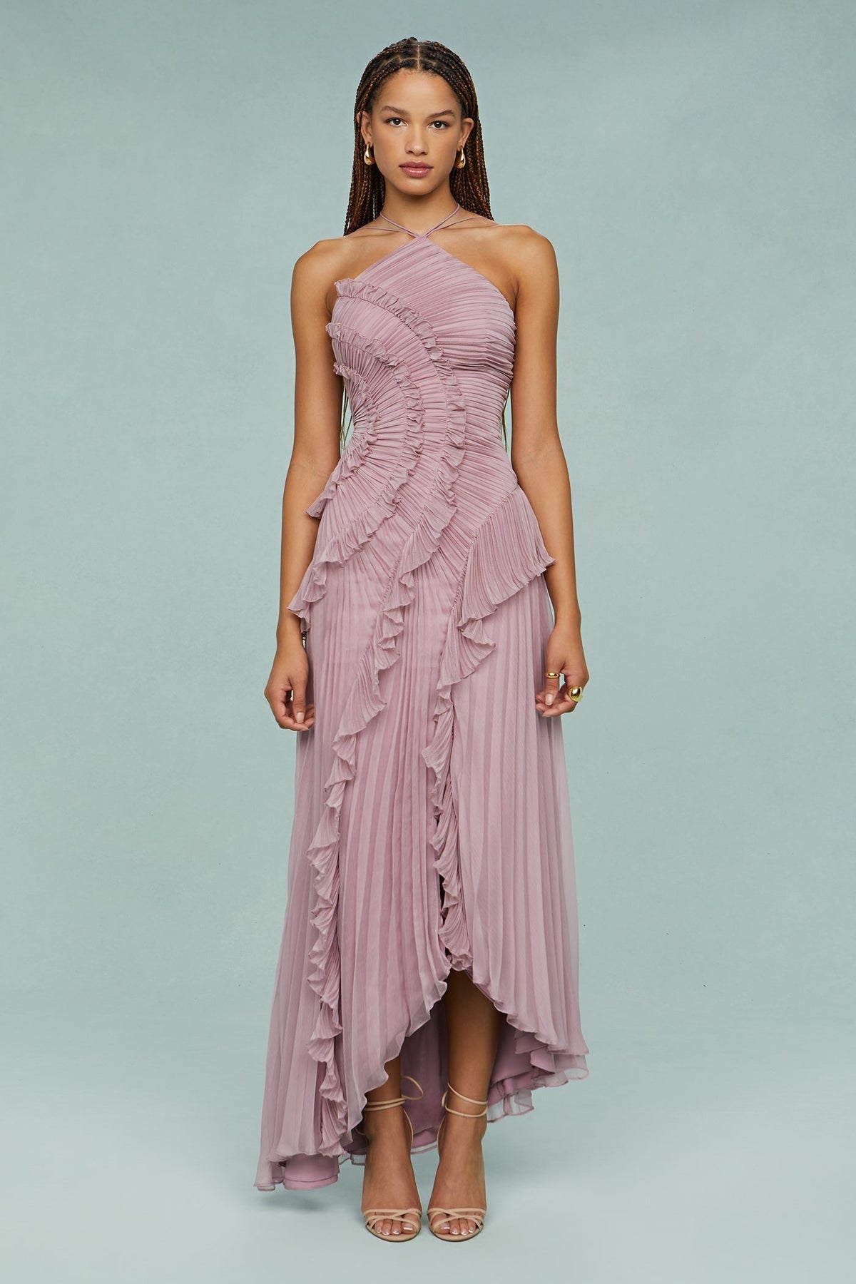 Women's Pleated Halter Neck Ruffle Summer Midi Dress