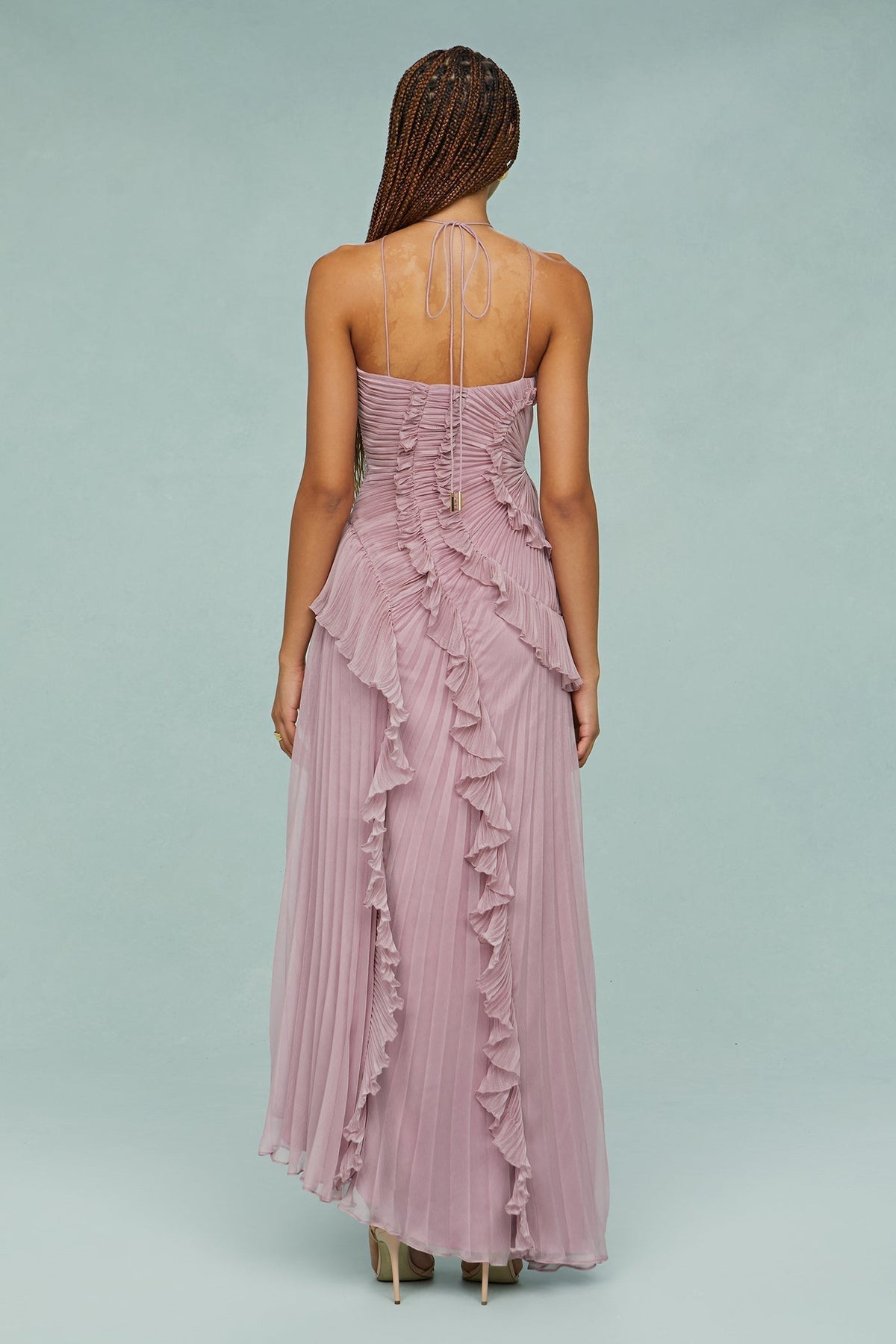 Women's Pleated Halter Neck Ruffle Summer Midi Dress