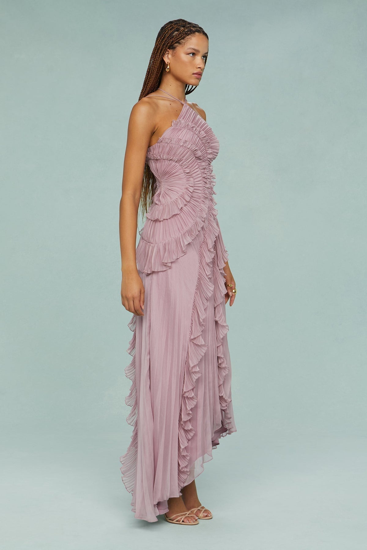 Women's Pleated Halter Neck Ruffle Summer Midi Dress