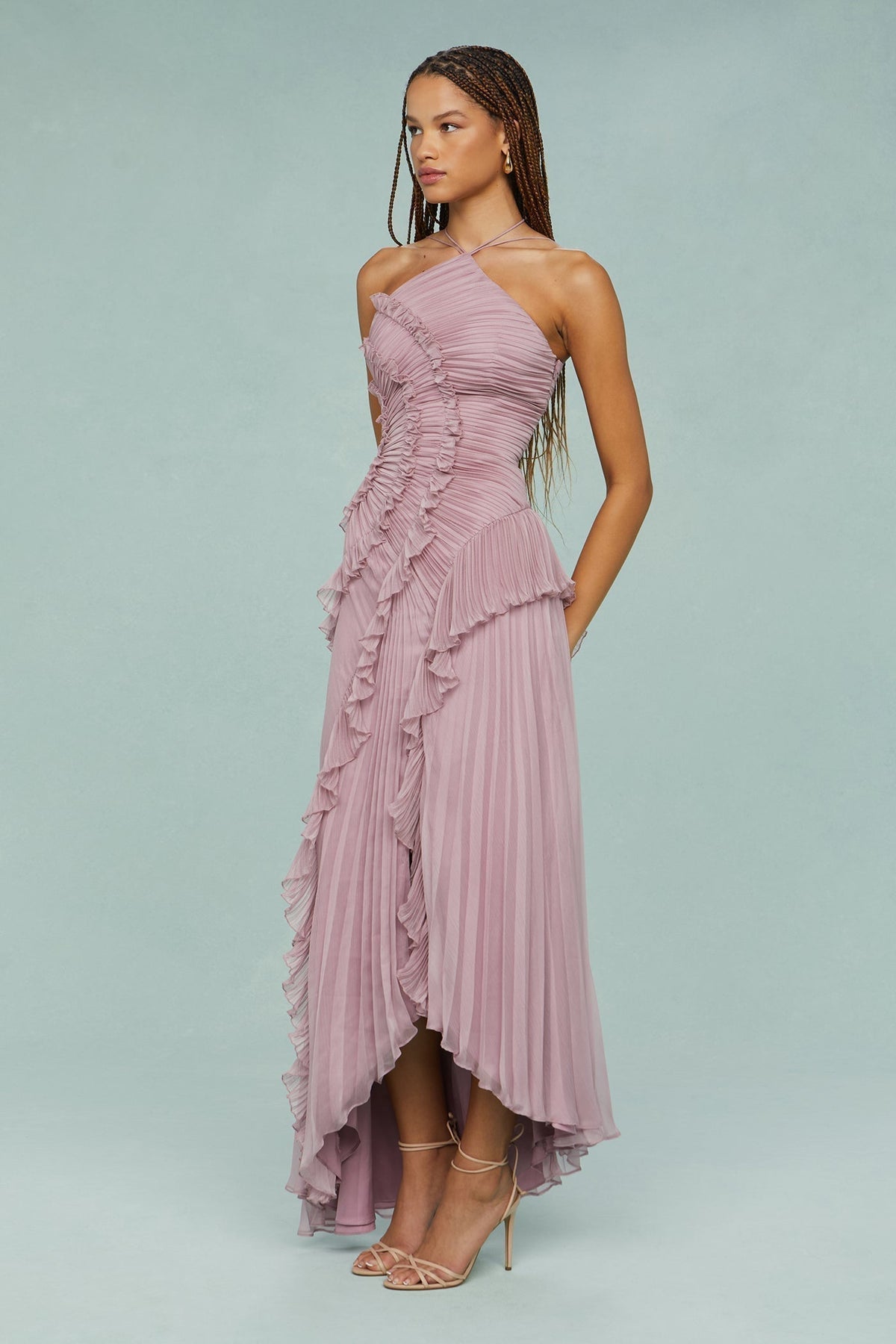 Women's Pleated Halter Neck Ruffle Summer Midi Dress
