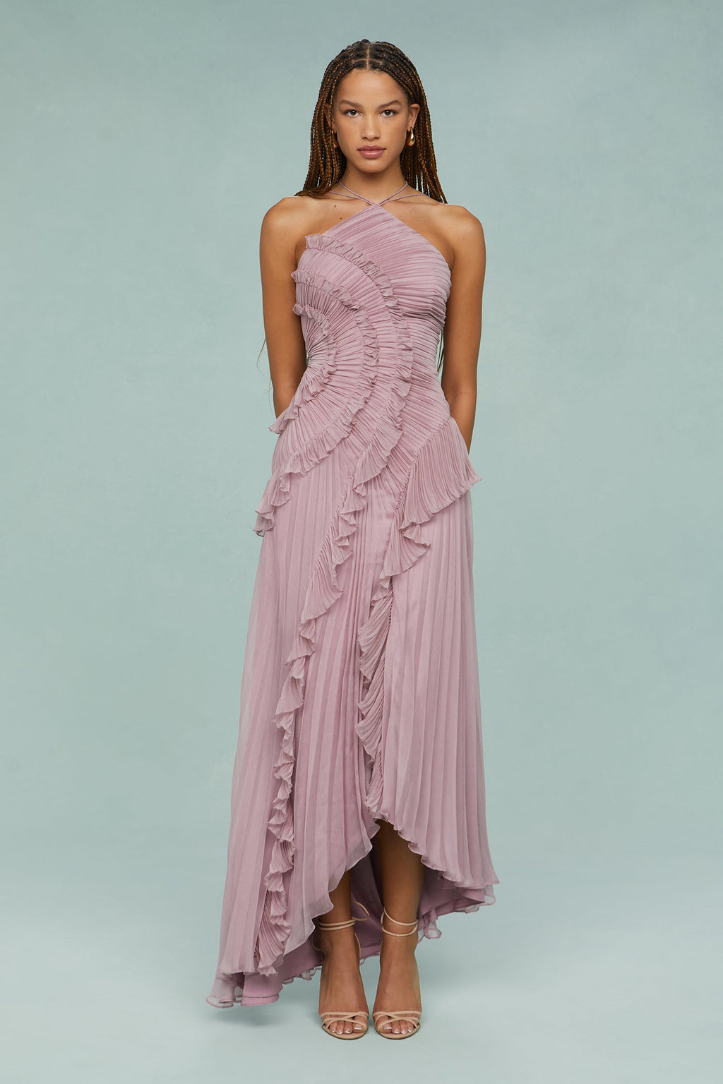 Women's Pleated Halter Neck Ruffle Summer Midi Dress