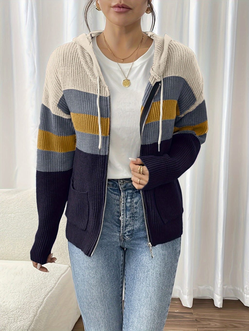 Women's Hooded Ribbed Knit Full-Zip Layering Cardigan
