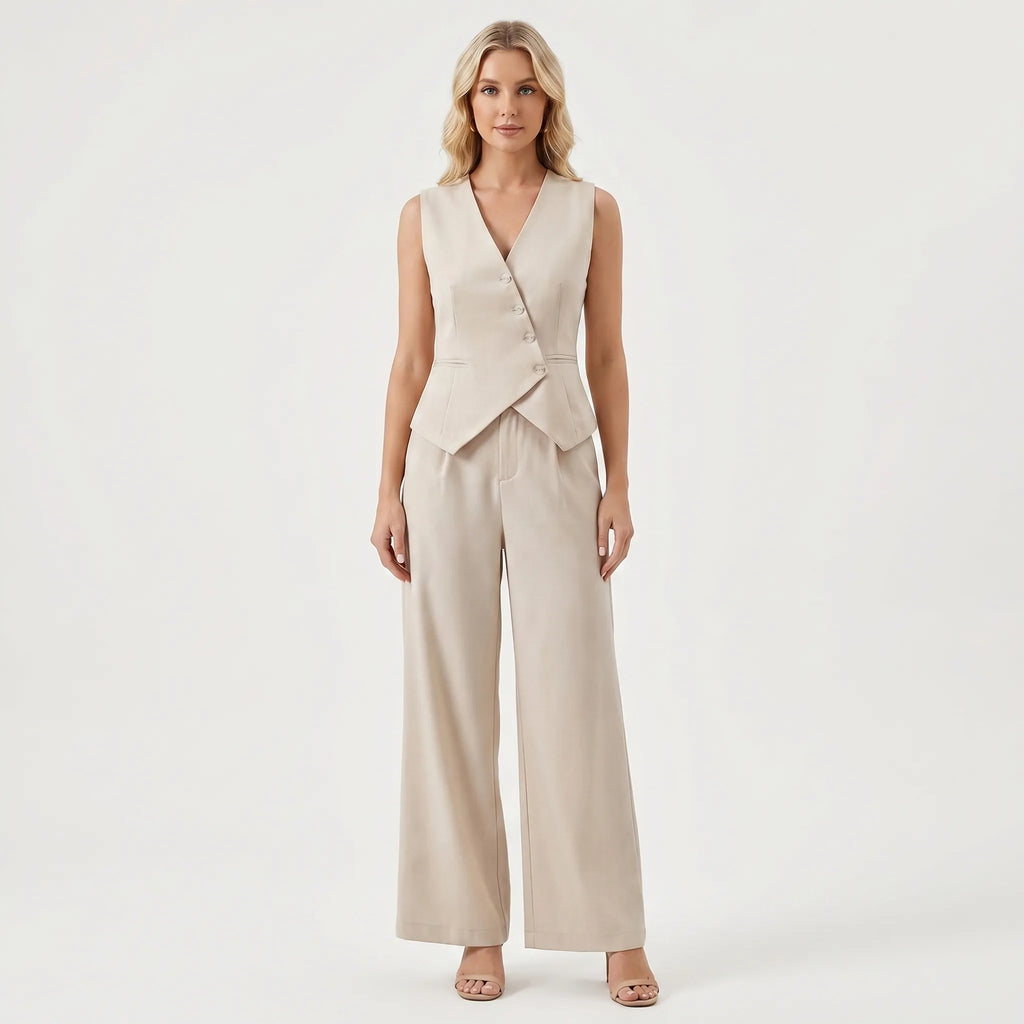 Women's Structured Button-Front Vest Wide Leg Pants Set