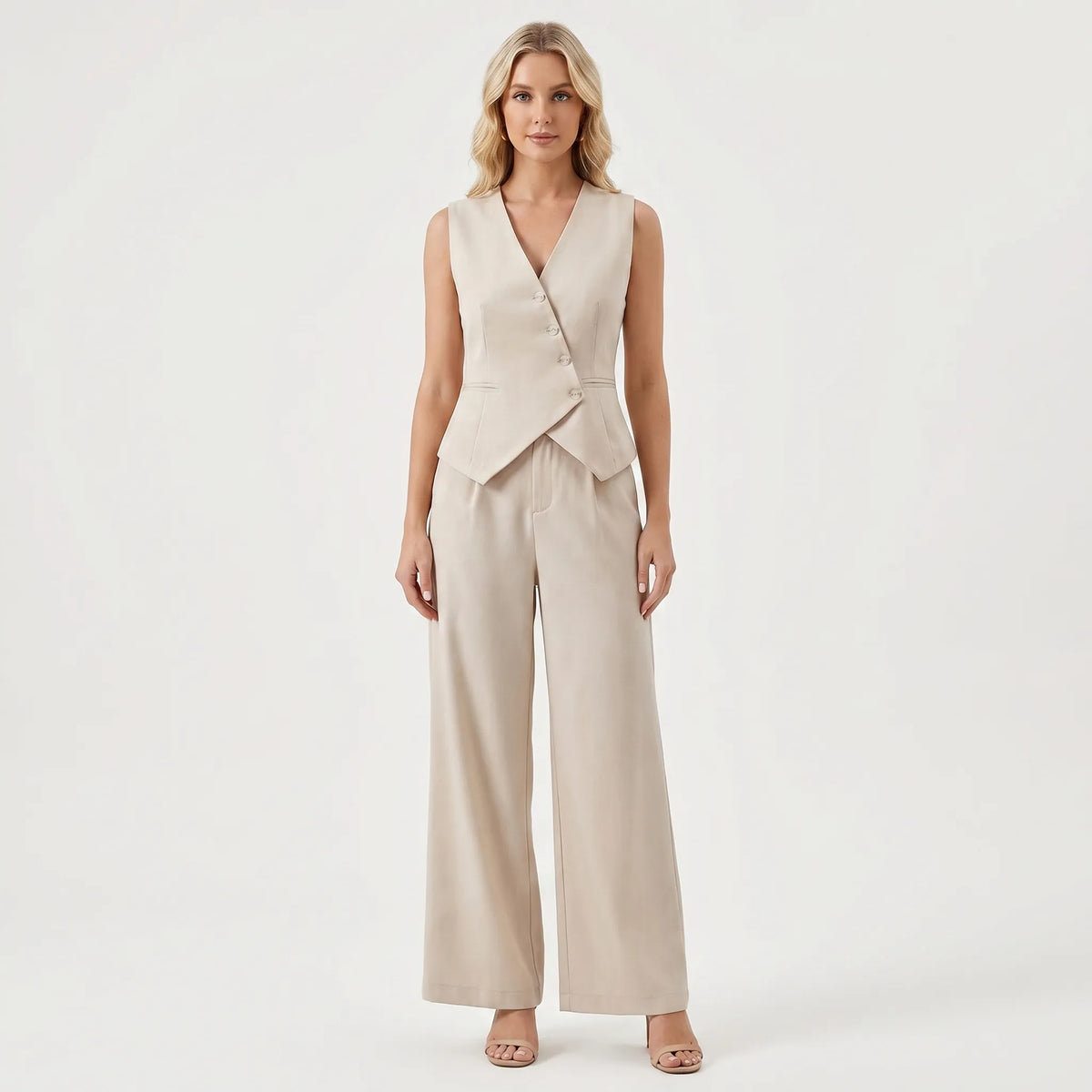 Women's Structured Button-Front Vest Wide Leg Pants Set