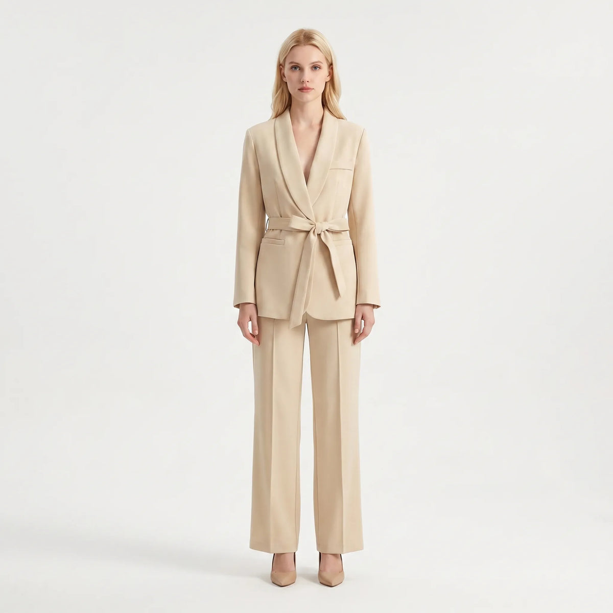 Women's Shawl Lapel Belted Blazer Wide Leg Pantsuit