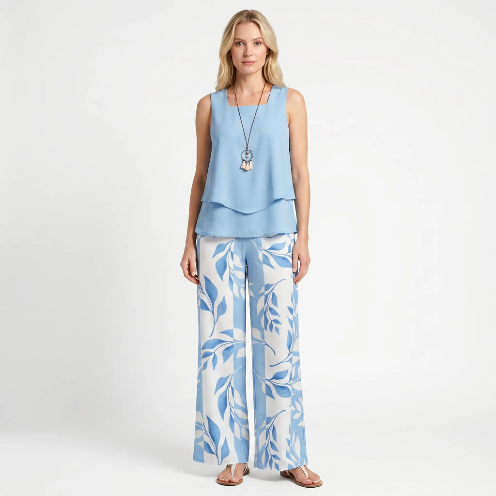 Women's Layered Sleeveless Top Printed Wide Leg Pants Set