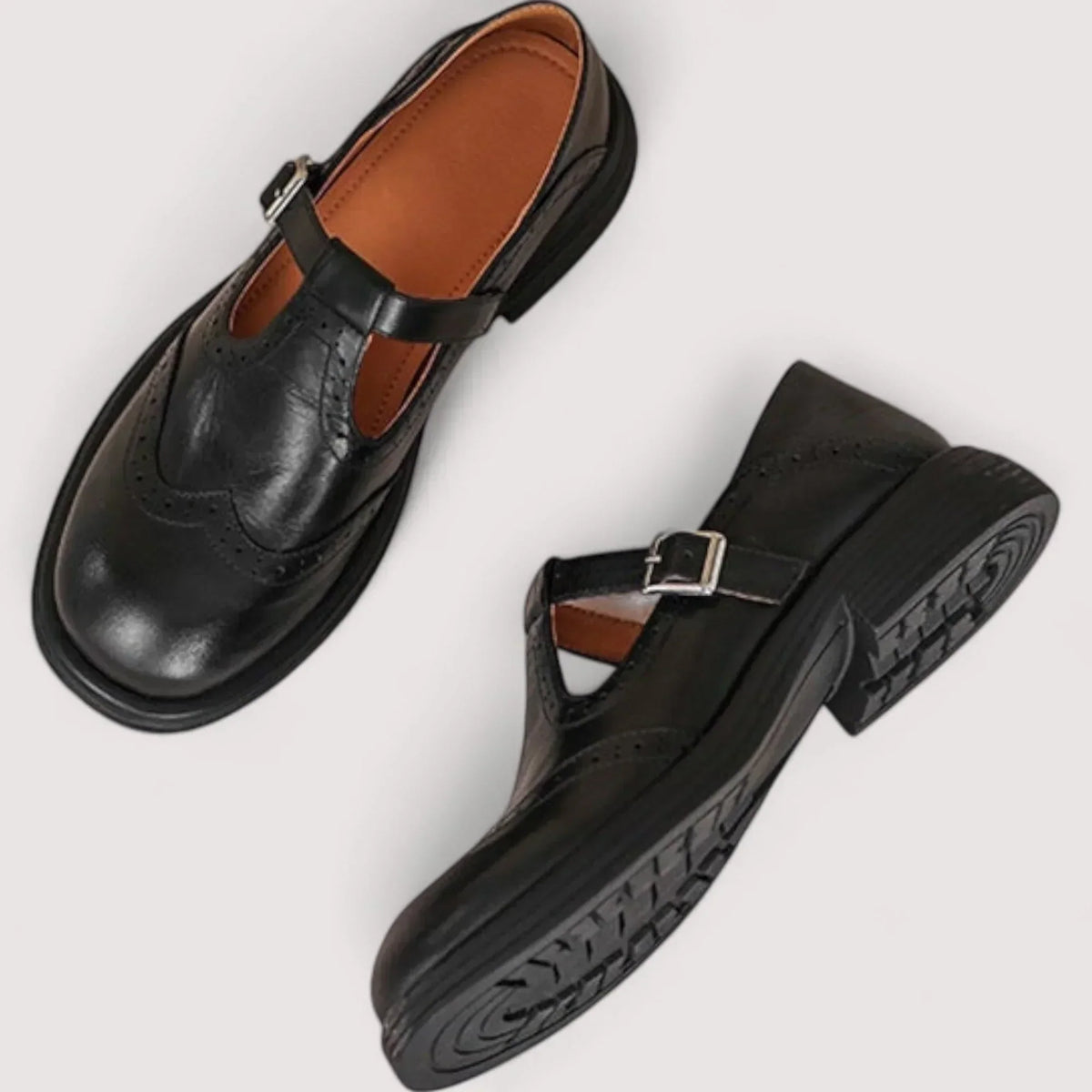 Women's Brogue Detail Adjustable Buckle T-Bar Shoes