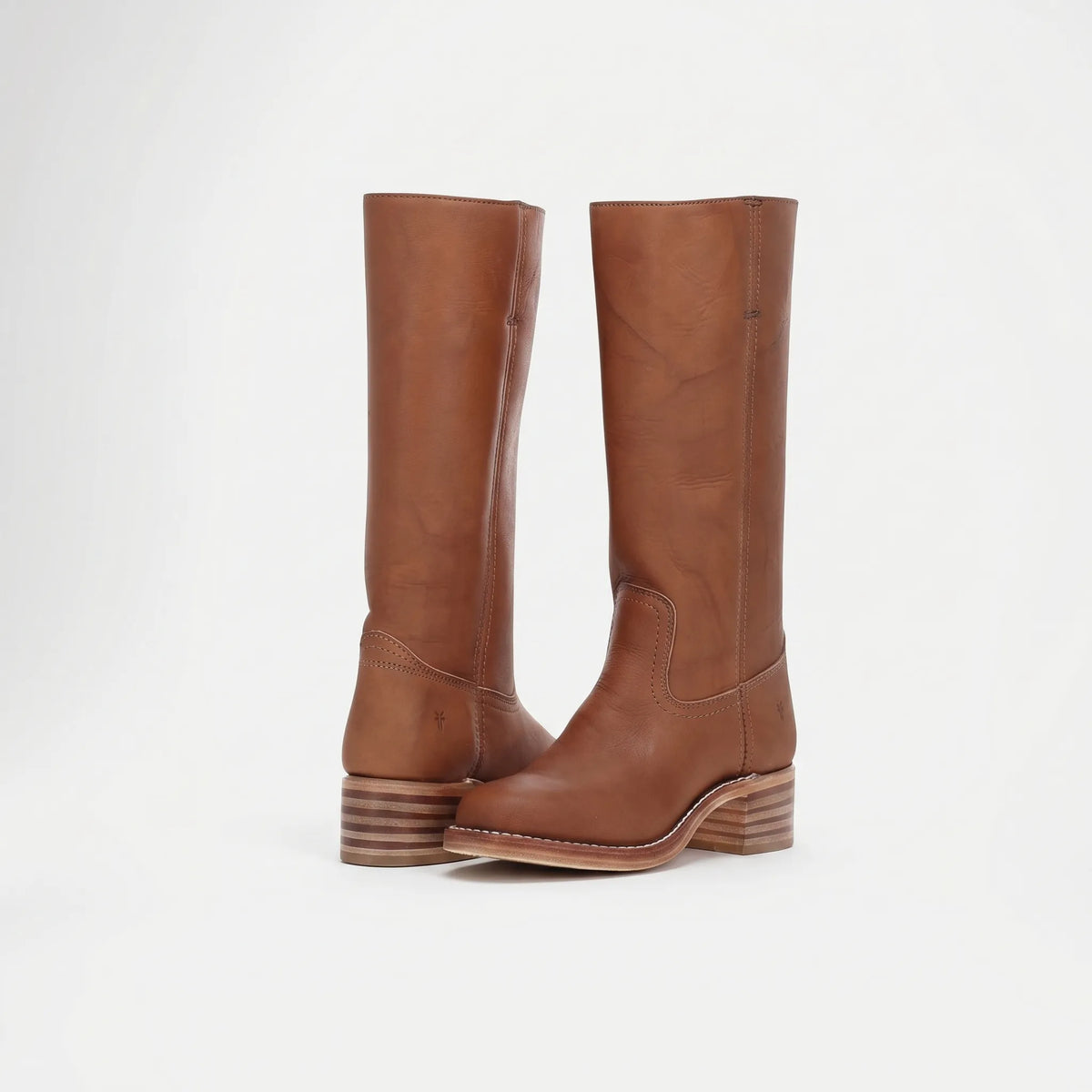 Women's Square Toe Tall Leather Boots with Stacked Heel