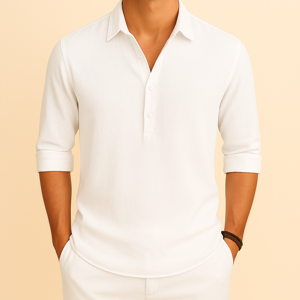 Men's Soft Textured Long Sleeved Button-Neck Polo