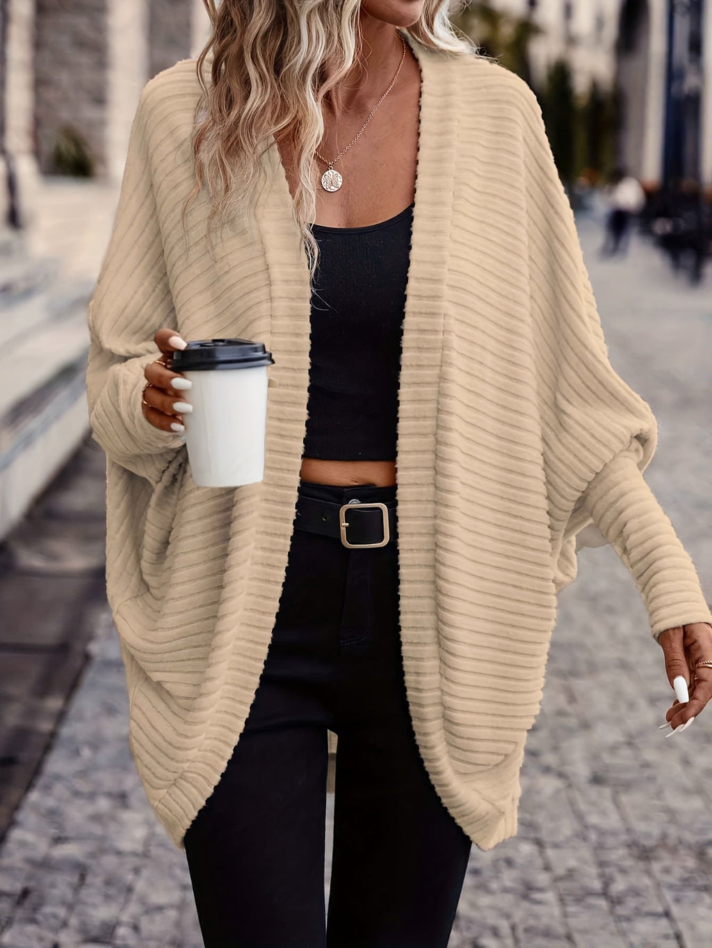 Women's Ribbed Draped Cardigan with Open Front