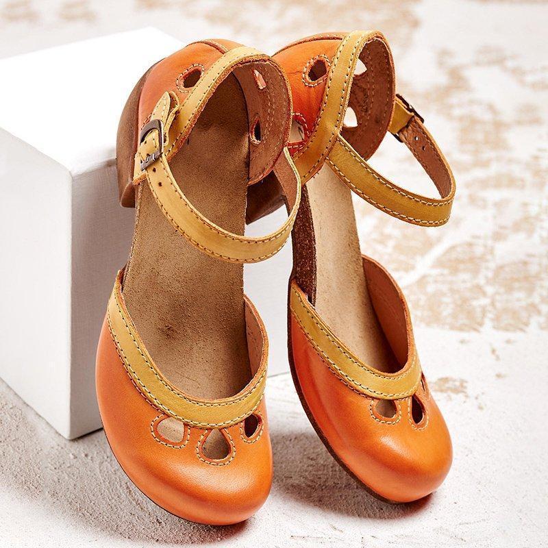 Women's Leather Ankle Strap Mary Jane Flats with Panel Detail
