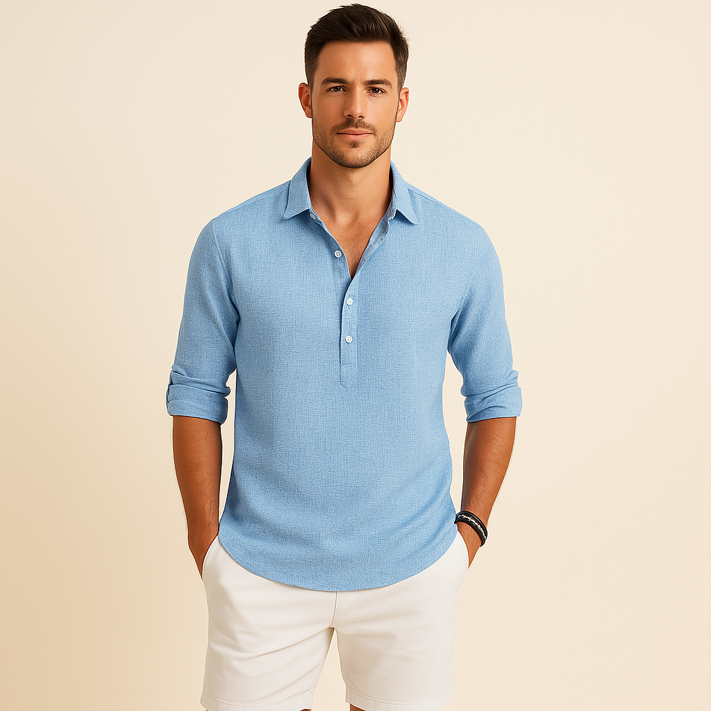 Men's Soft Textured Long Sleeved Button-Neck Polo