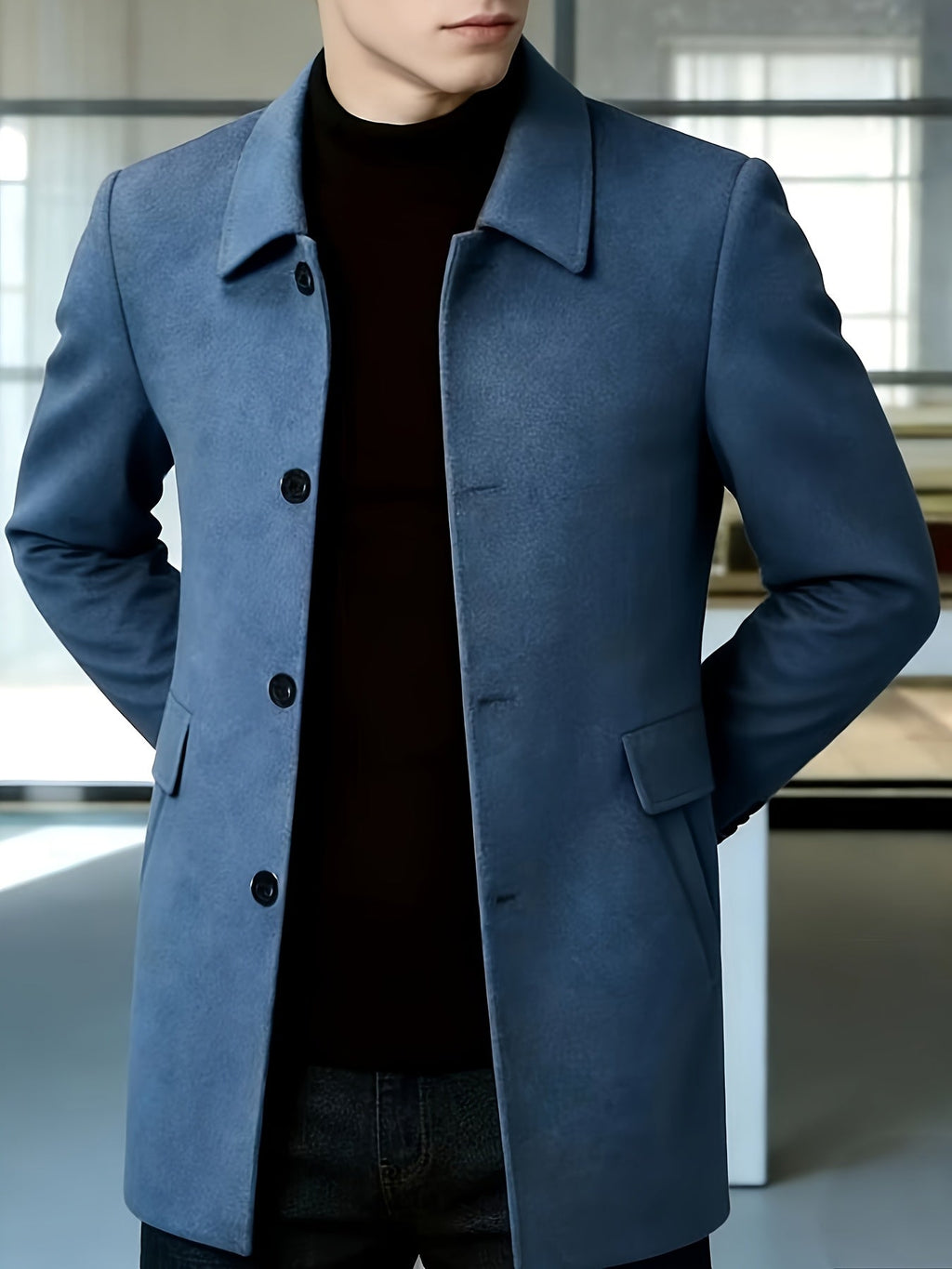Men's Single-Breasted Refined Topcoat with Side Pockets