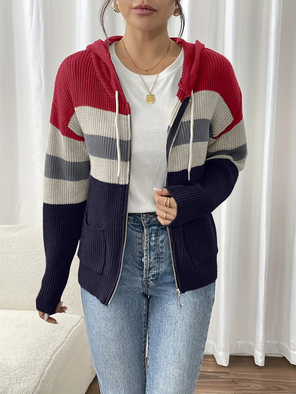 Women's Hooded Ribbed Knit Full-Zip Layering Cardigan