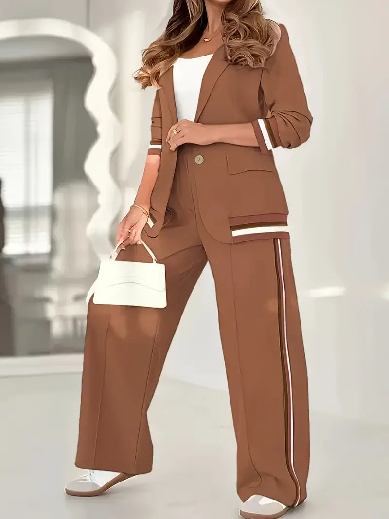 Women's Wide Leg Pants Stripe Trim Blazer Suit