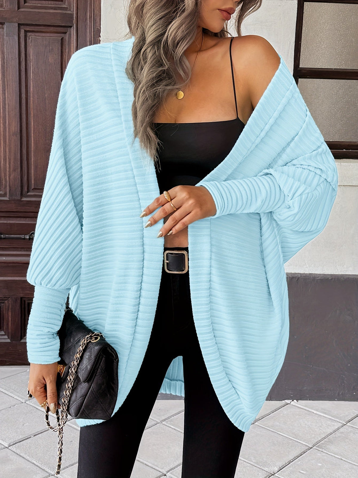 Women's Ribbed Draped Cardigan with Open Front