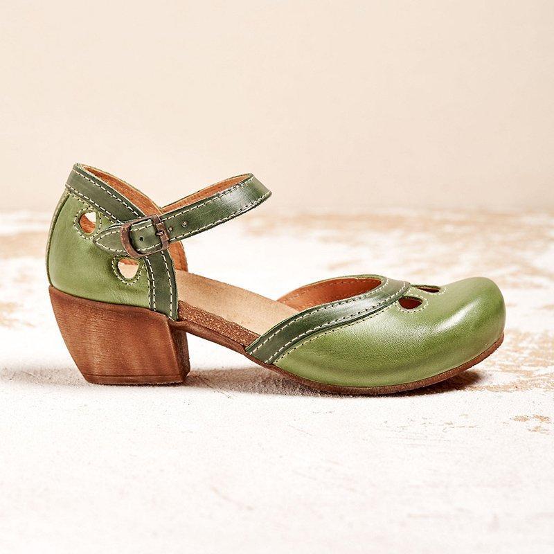 Women's Leather Ankle Strap Mary Jane Flats with Panel Detail