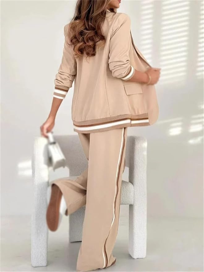Women's Wide Leg Pants Stripe Trim Blazer Suit
