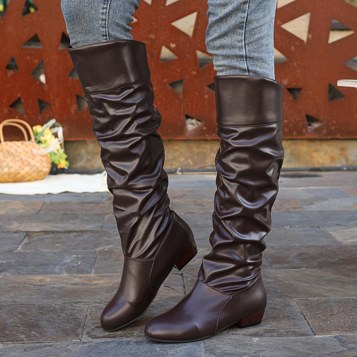 Women's Round Toe Low Heel Slouchy Tall Boots